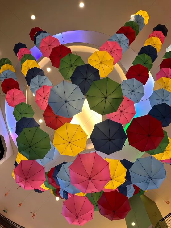 the ceiling with multi colored umbrellas hung from it