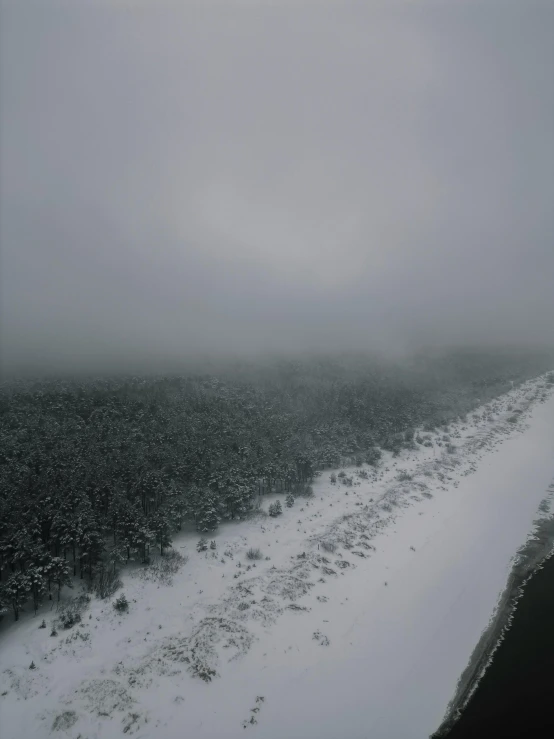 a snowy, foggy field on an overcast day