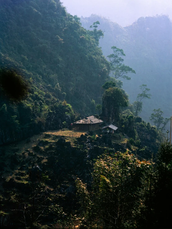 a hillside with trees, and a few huts