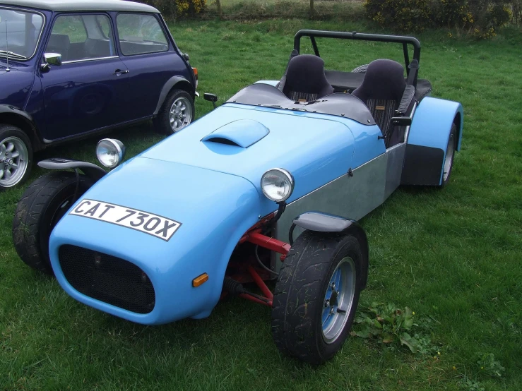 a blue sports car is parked on the grass