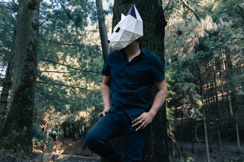 a young man with a origami bear mask in the woods