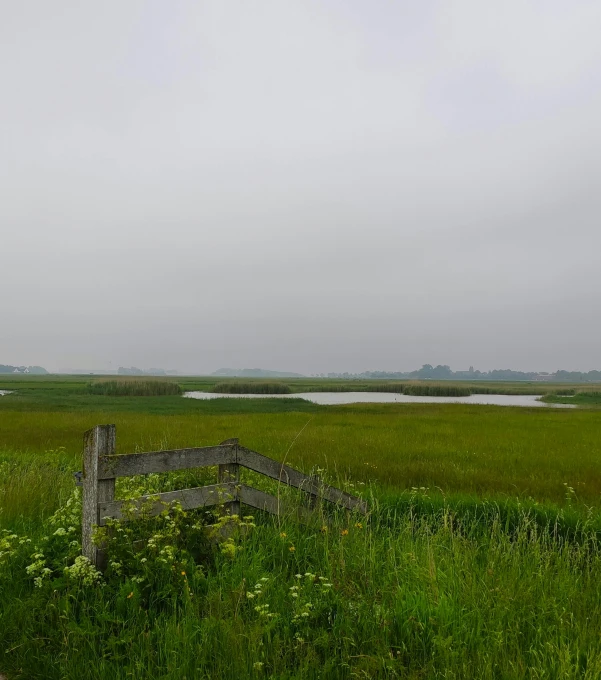 a grassy field that has a old wooden fence