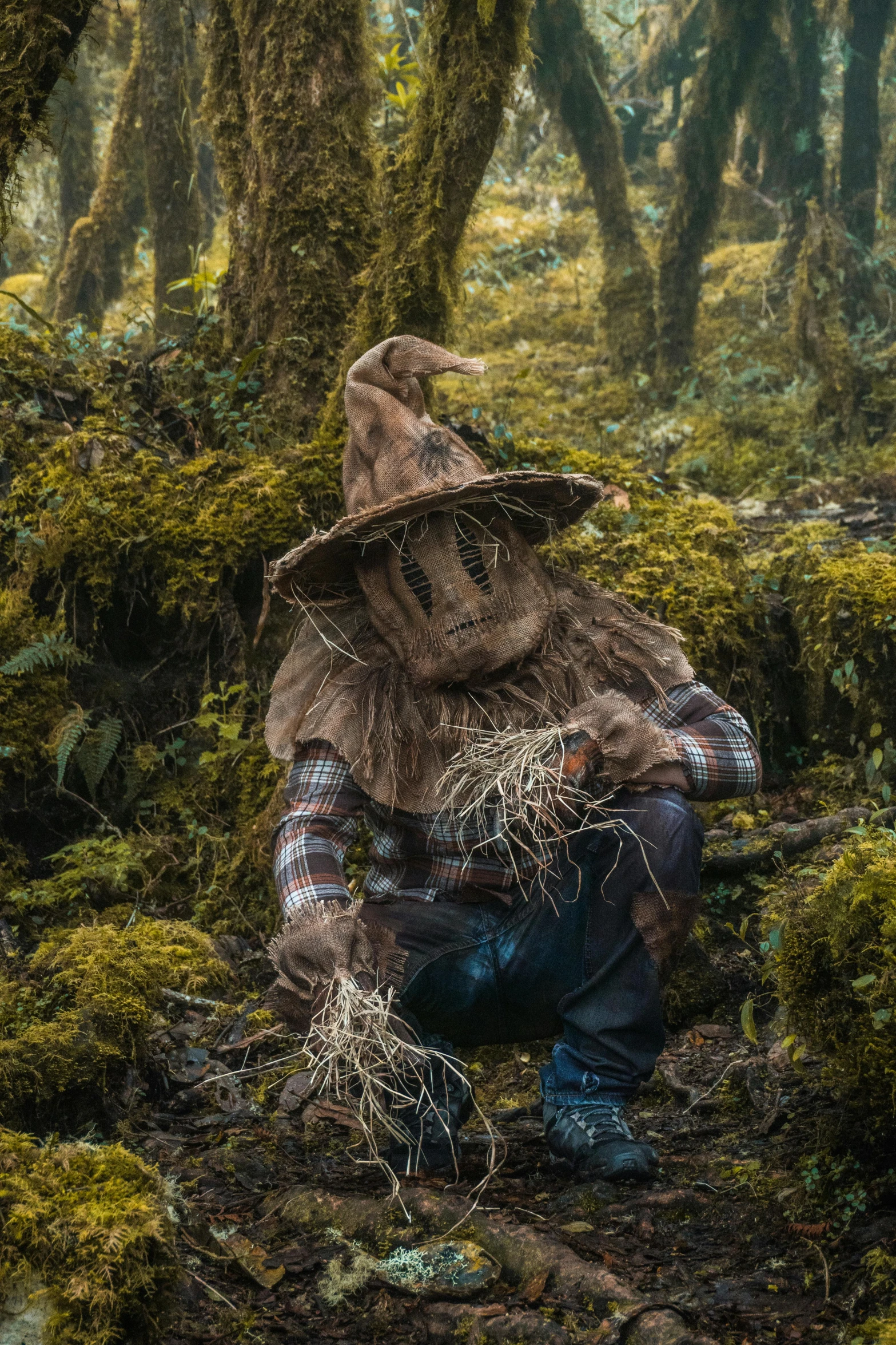 a man with a hat and gloves on is hiding in the forest