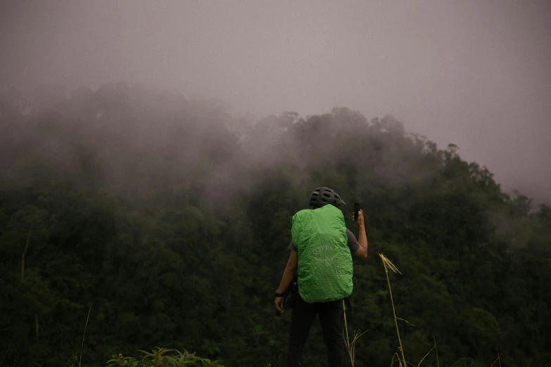 a person looking into the foggy mountainside