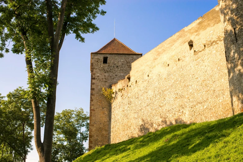 a very tall and brick castle next to a tree