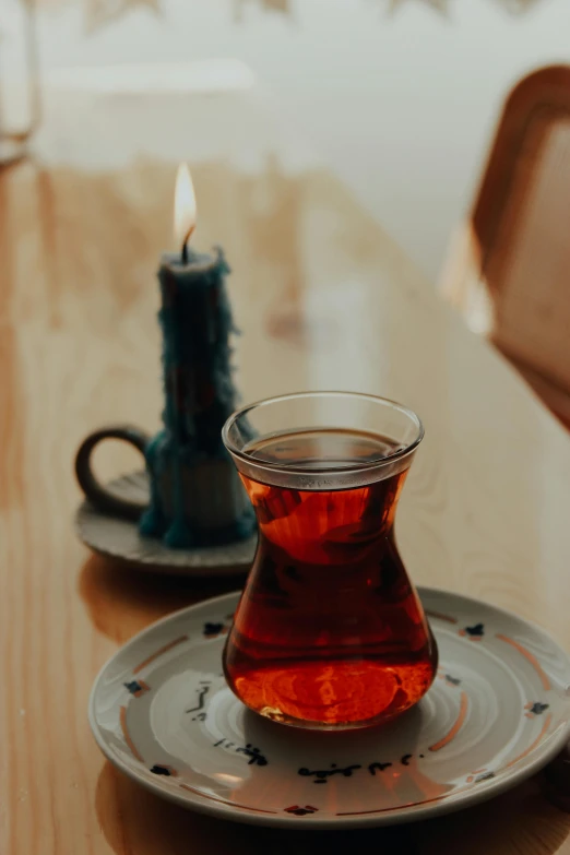 a cup of tea on a plate on the table