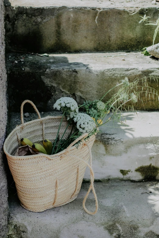 a basket full of fruit sits on the stairs