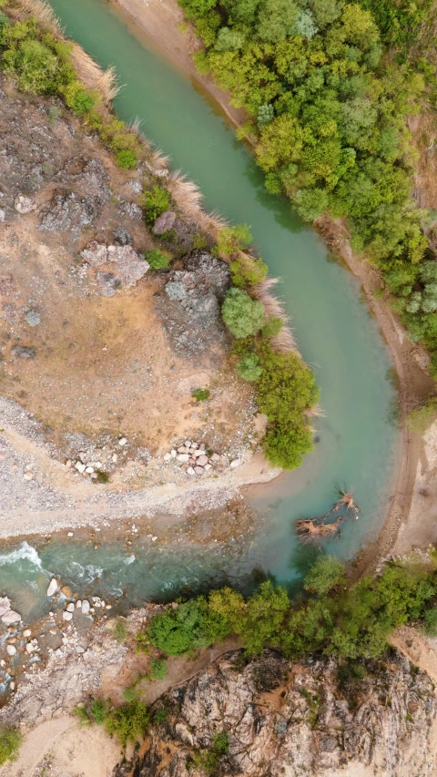 an aerial view of a river and rocky area with lots of trees