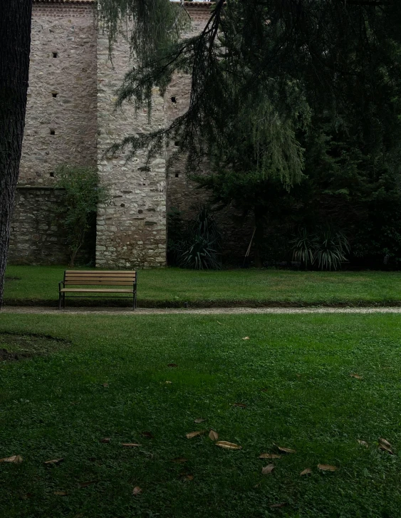 a park bench sitting in the middle of a grassy area with tall trees