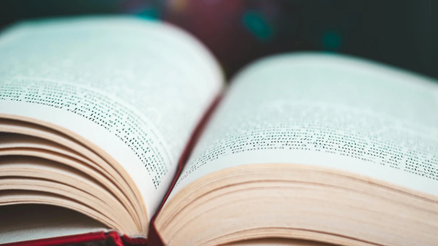 a closeup image of a book opened with a blurry background