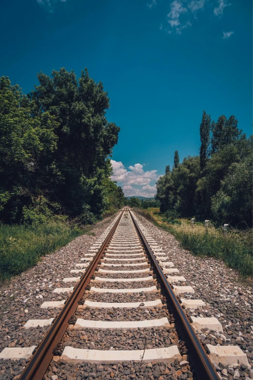 a rail line on a sunny day with trees in the background