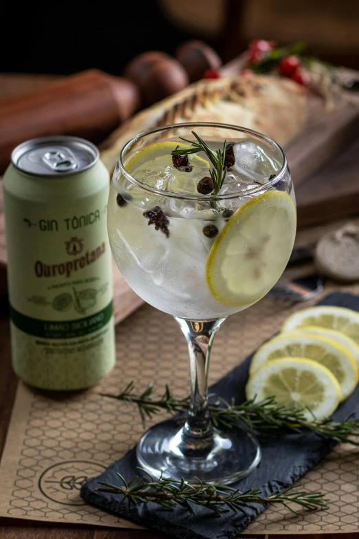 a gin tonic in a martini glass with a garnish on the rim and a can