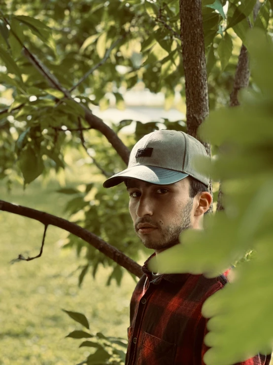 man with hat looking up next to tree