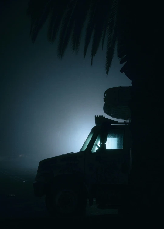 a truck parked under a large tree at night