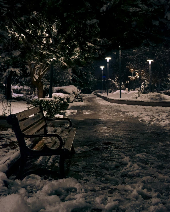 a night scene shows a snowy path and a bench