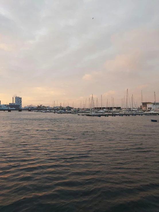 some boats are sitting in a bay at the harbor