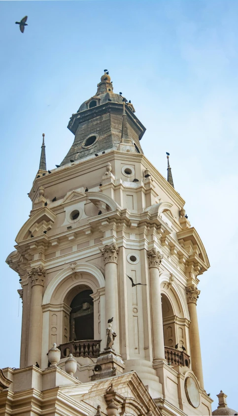 there is a bird flying by the clock tower