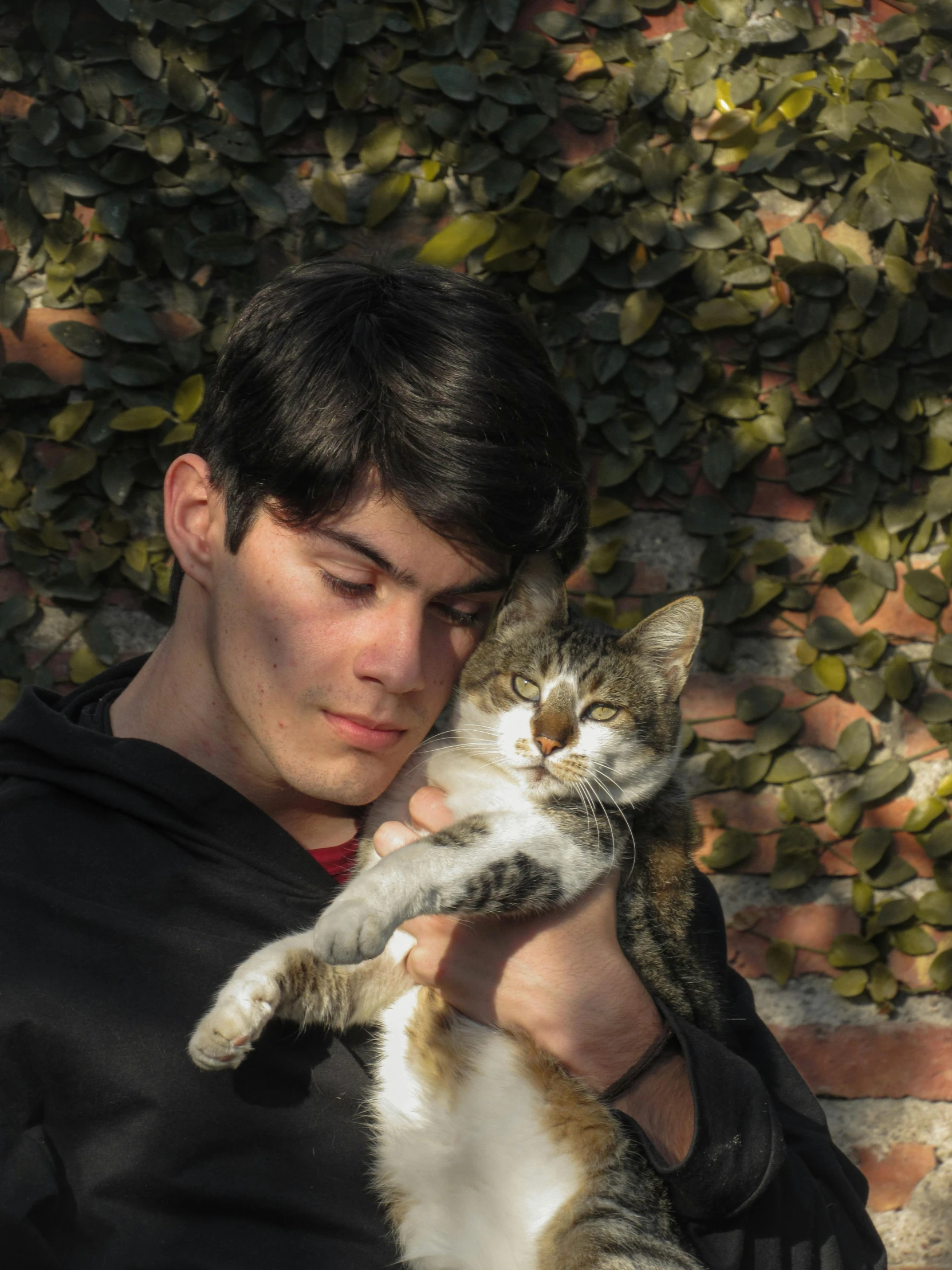 man holding kitten up in his arms looking over shoulder