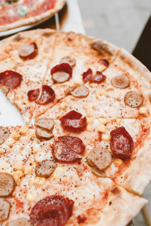 a pizza with pepperoni slices on a wooden table