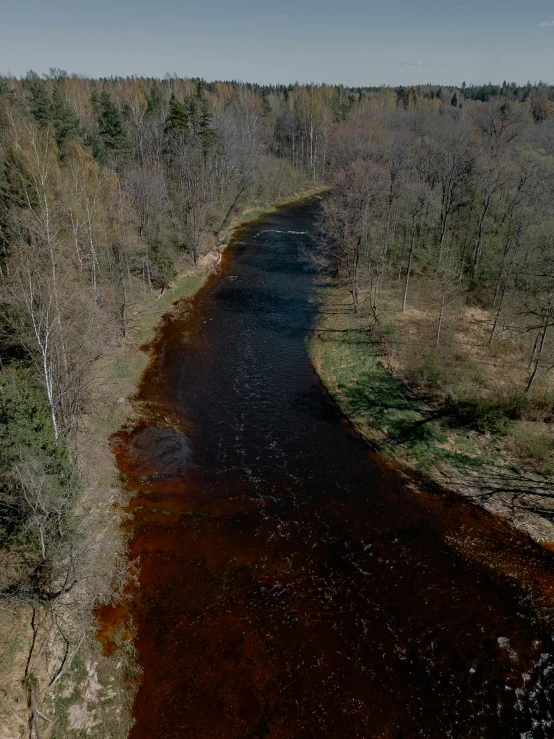 an aerial view of a river running through a wooded area