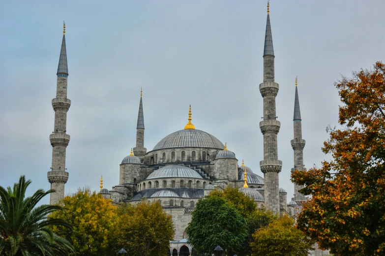 a mosque with an interesting golden dome in front of trees