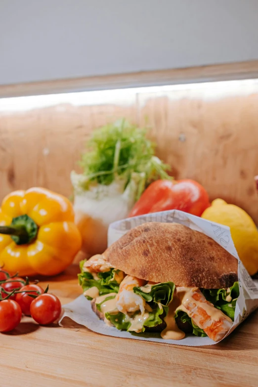 a counter top with different vegetables and a sandwich