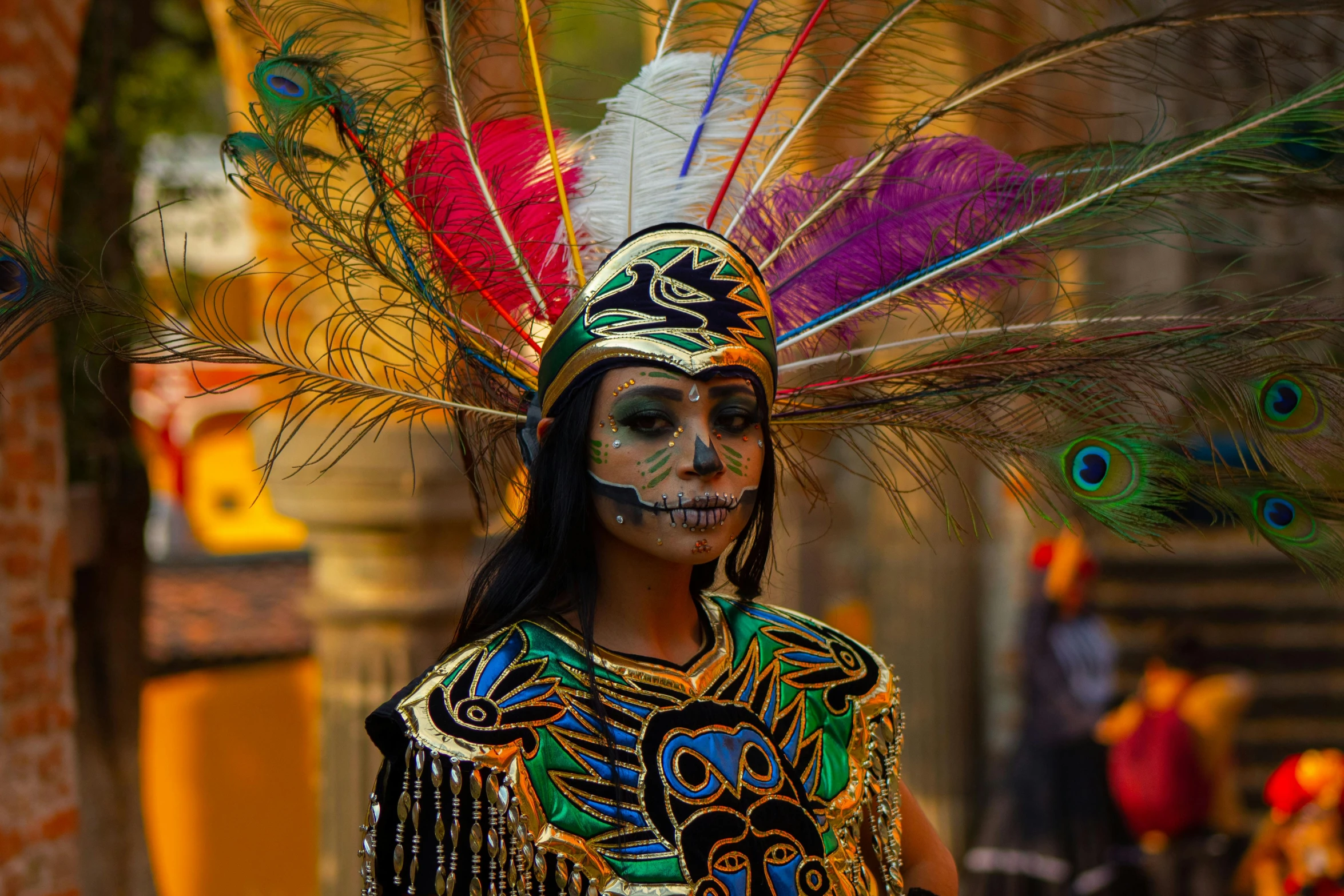 a woman dressed in costume and head piece with peacock feathers on her face