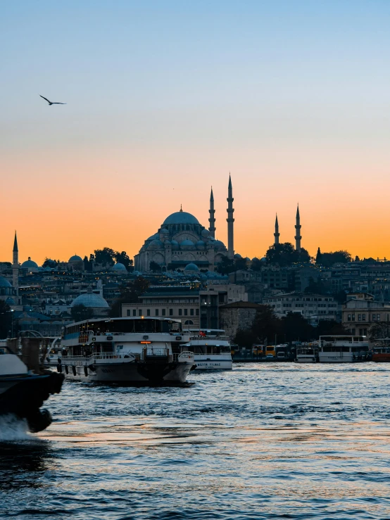 boats in the water with a cityscape behind it