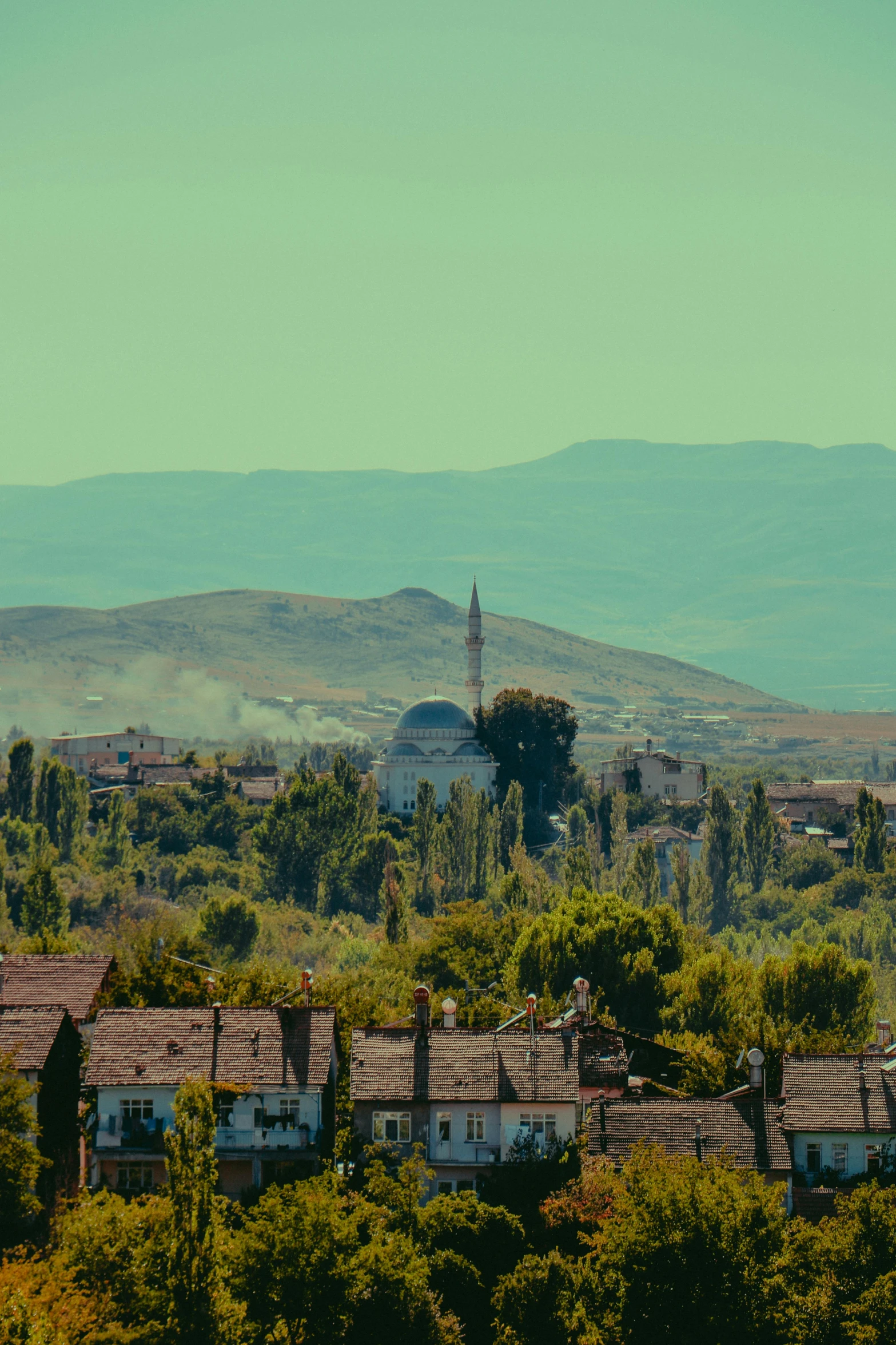 several buildings and trees stand against a distant mountainous range