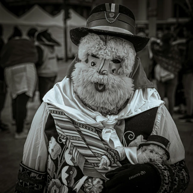 an old fashioned man dressed as a bear