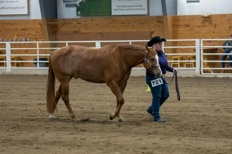 a young person holding onto a horse in an arena