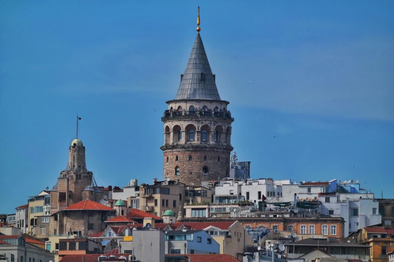 a view of a large tower with a sky background