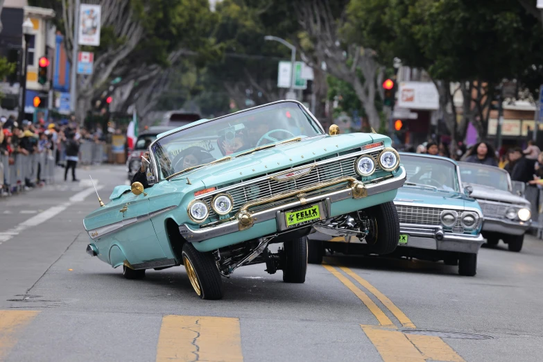 old car with wheels turned into a huge drag truck