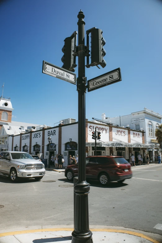 a crosswalk with some street signs and cars