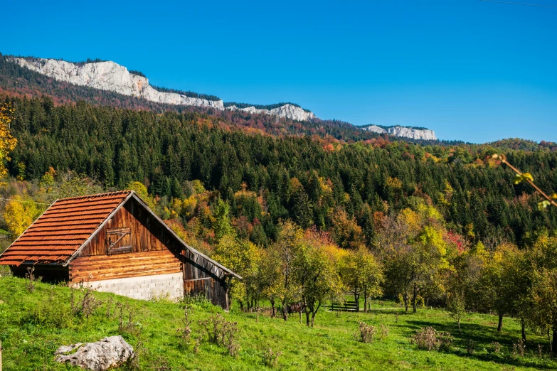 a building is in the middle of a grassy area with a mountain behind it