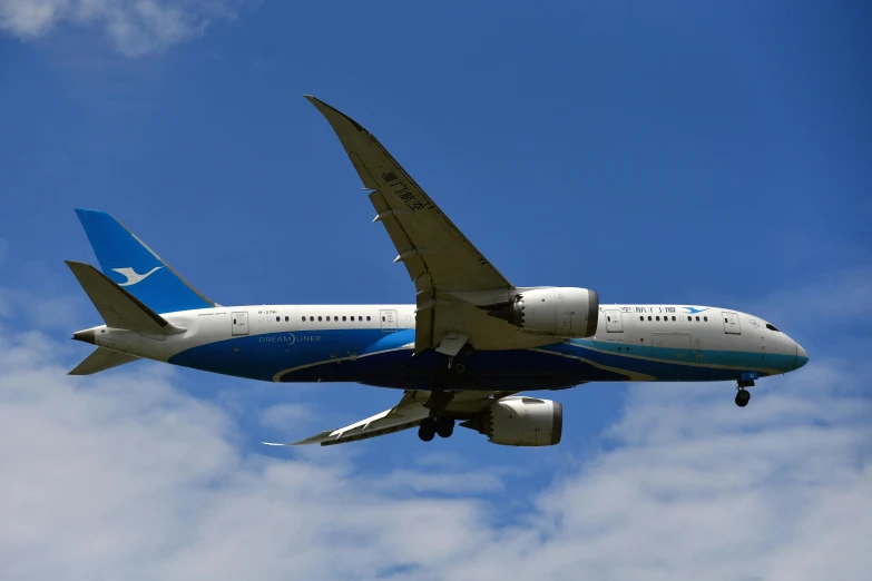 a large passenger jet flying through a cloudy blue sky