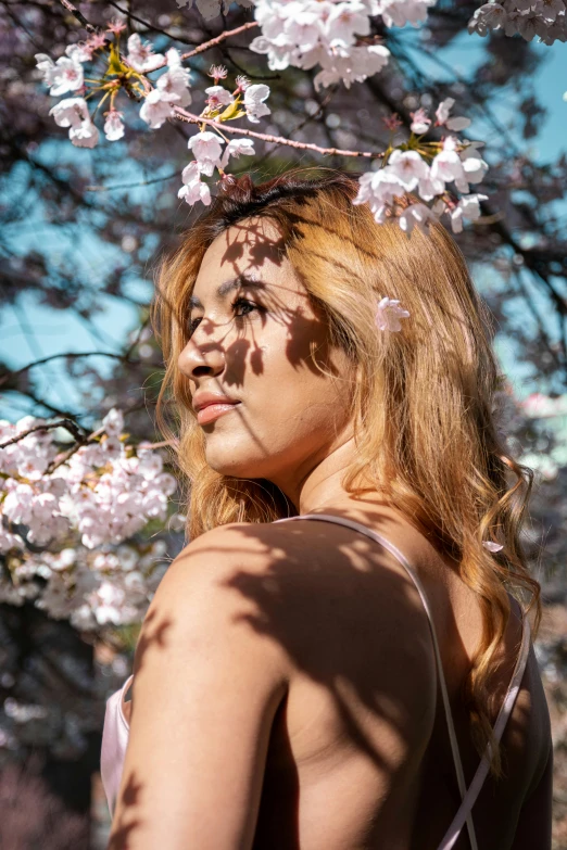 a girl standing under cherry blossom trees with her shadow on her face