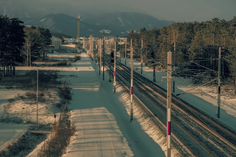 a train track with several poles and some trees