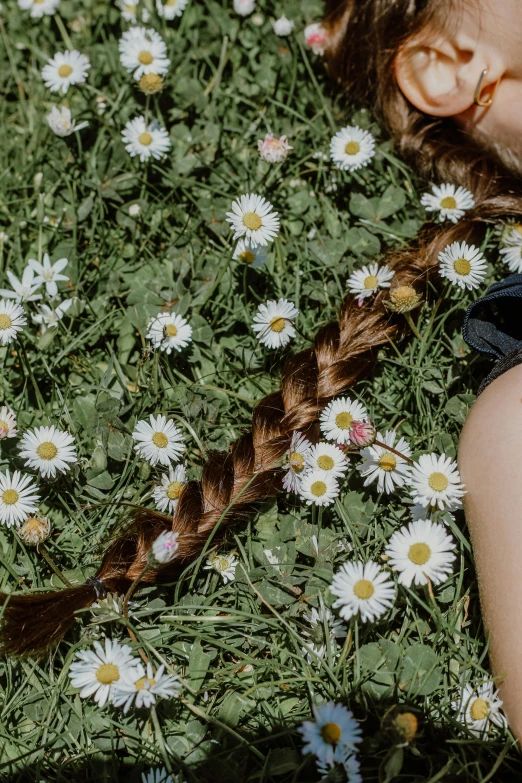 a small girl with a id sitting in the grass with daisies