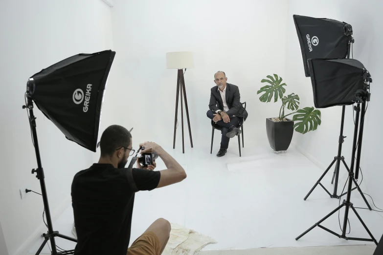 there are two people in the po studio sitting on chairs