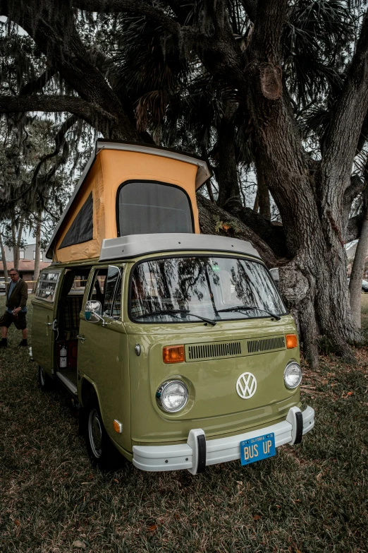 a van with a camper roof sitting next to some trees