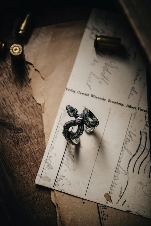 a pair of rings are laying on top of a piece of paper