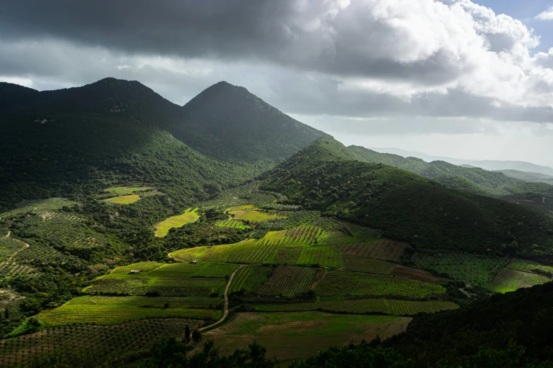 a mountain range with a valley and lush green grass