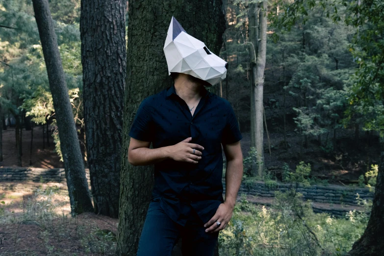 a man wearing a paper bag to face his head