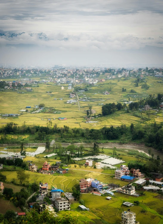 a town is surrounded by lush green fields