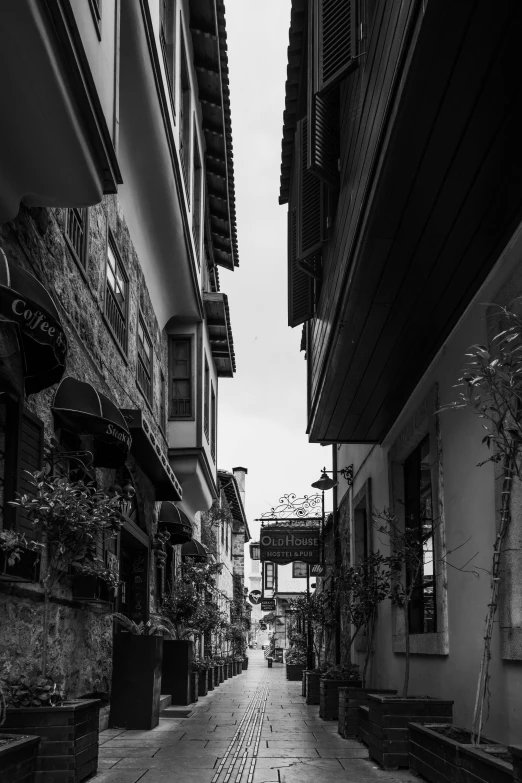 an alley with various old houses lined up