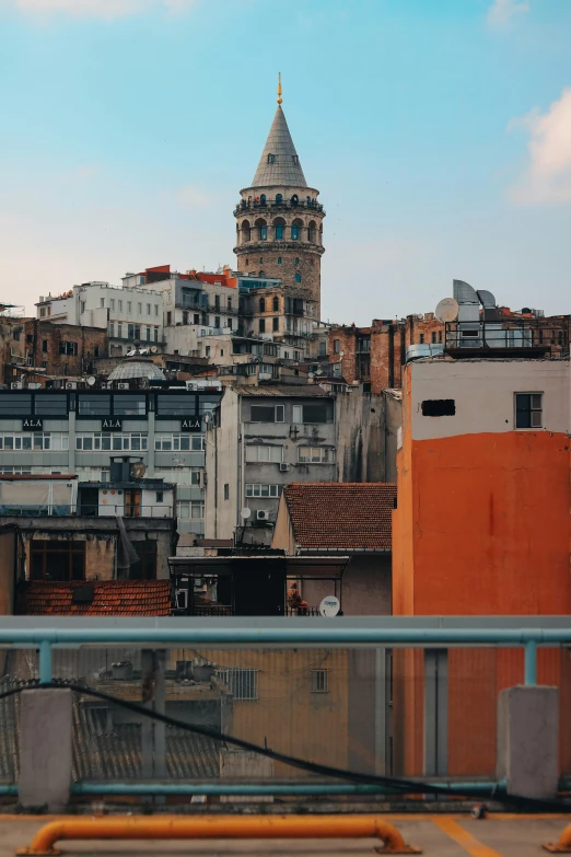 a view of the roofs of buildings with a sky background