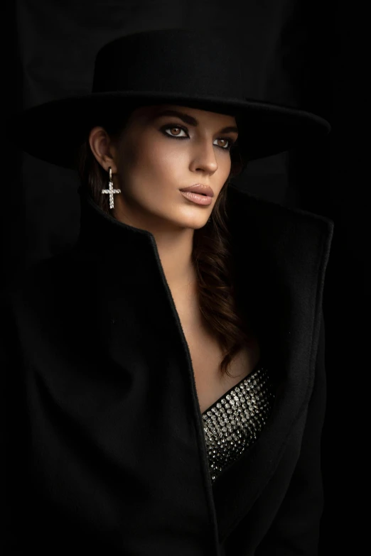 a woman in a black coat and black hat