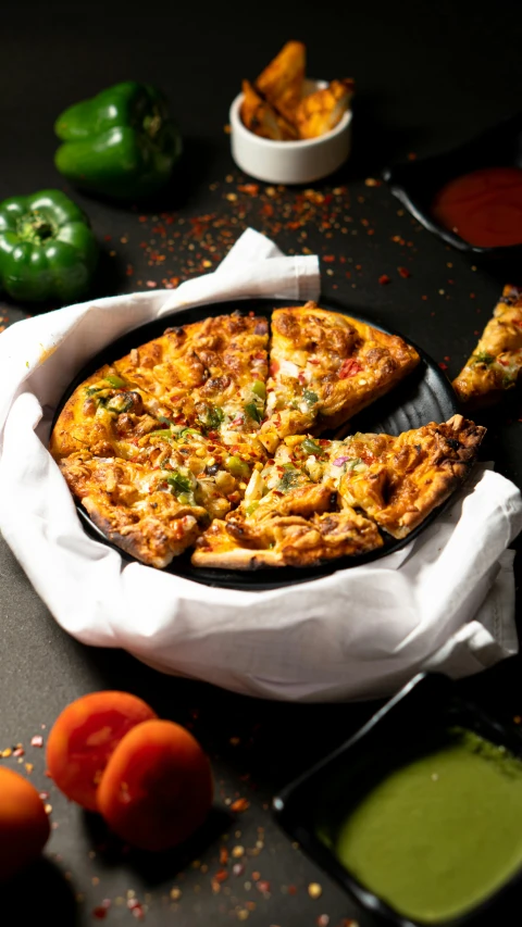 a pizza with various toppings next to different condiments