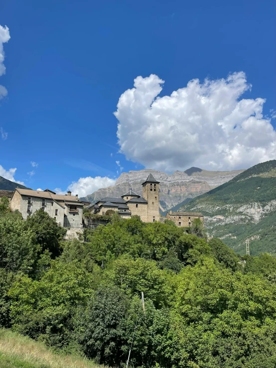 a castle is on top of a hill with trees and bushes